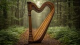 Antique harp in a misty forest