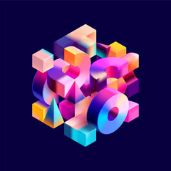 Wall Mural - multicolored 3d cube. glass iridescent geometric shape.