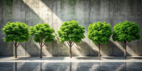 Four lush green trees stand majestically against a textured concrete wall, bathed in sunlight.