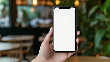 Wall Mural - woman sitting at cafe table, holding smartphone with blank white screen, demonstrating digital devic