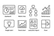 © Coosh448 - outline vector icons of business intelligence: BI dashboard, metric tile, decision tree, performance graph, insight alert, trend chart, executive report, pivot icon. set of line style icons in a