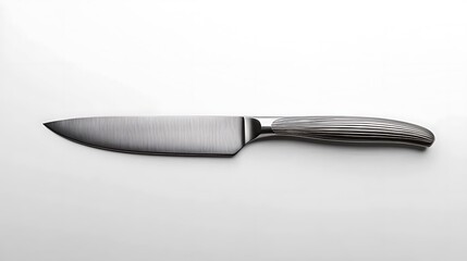 Sleek metallic chef's knife with textured wooden handle on a bright, plain background