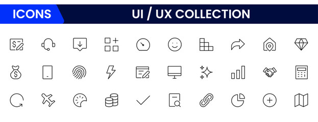 Vector illustration web line icon collection focused on UX/UI design, featuring wireframes, user flow, interface elements, cursor clicks, mobile layout, and usability symbols.