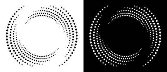 Leinwandbilder - Circle abstract background with dynamic halftone dots in spiral. Yin and yang style. Black shape on a white background and the same white shape on the black side.