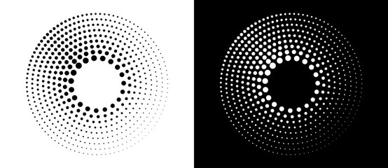 Poster - Modern abstract background. Halftone dots in circle form. Round logo. Vector dotted frame. Design element or icon. Black shape on a white background and the same white shape on the black side.