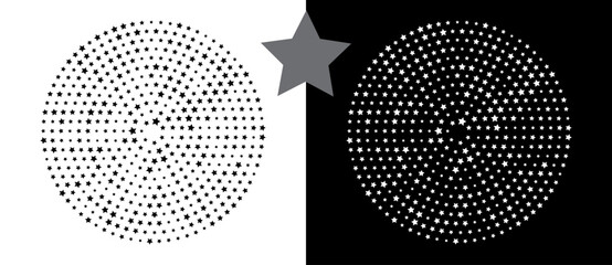 Fototapete - Abstract vector circle with halftone stars as logo or icon. Black shape on a white background and the same white shape on the black side.