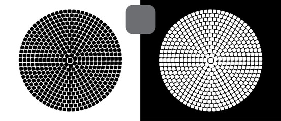Fototapete - Halftone circles with squares.Abstract creative background or icon, logo, tattoo. Black shape on a white background and the same white shape on the black side.