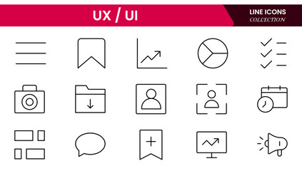 Vector illustration web line icon collection focused on UX/UI design, featuring wireframes, user flow, interface elements, cursor clicks, mobile layout, and usability symbols.