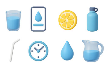 3d icon set of hydration habit: glass of water, hydration app, lemon slice, refillable bottle, straw