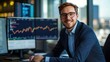 © Daiki - A young European male financial analyst smiles confidently at his desk, surrounded by multiple monitors displaying market data and charts, embodying the modern workplace.
