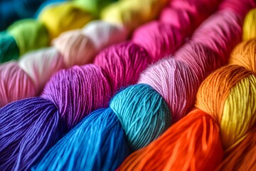 Wall Mural - Close-up of colorful yarn or thread arranged in a row with a blurred background.