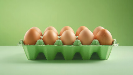 brown eggs nestled in green cardboard carton, arranged symmetrically against matching verdant backdr