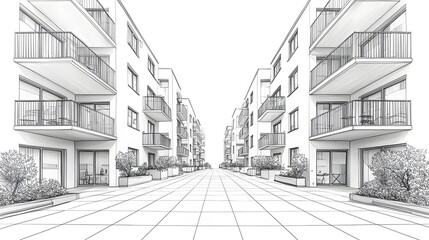 Minimalist line drawing of an urban street with stacked buildings and balconies