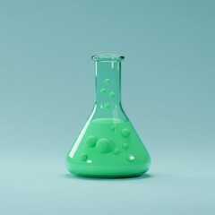 Wall Mural - green liquid in laboratory flask on turquoise background for science research and experimentation co