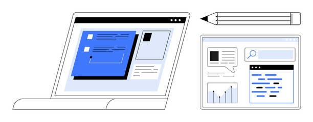 Laptop screen with interface elements, pencil, and window showcasing data visualization and messages. Ideal for technology, communication, UX design, digital tools, remote work, education simple