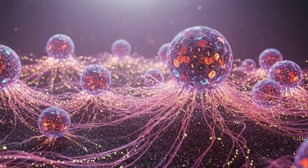 Wall Mural - quantum ecosystem: a self-evolving network - interconnected data spheres, glowing tendrils, quantum 