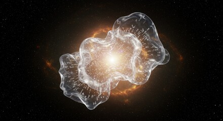 Quantum Fusion Organism in Space-Time Fluctuations - AI-generated depicting a translucent organism, its body shimmering with algorithms, evolving in sync with space-time. Symbolizes AI, evolution
