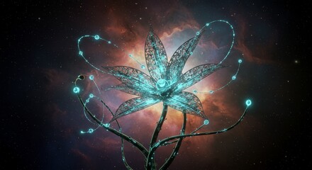 Wall Mural - quantum neural plant: cosmic bloom - a futuristic, bioluminescent plant thrives in a nebula, symboli