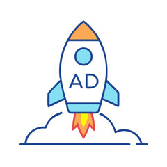 Poster - Rocket with Ad Icon Representing Marketing Campaign Launch
