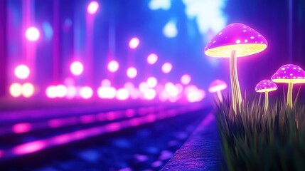 Wall Mural - vibrant glowing mushrooms beside a railway track illuminated by colorful light in a forest