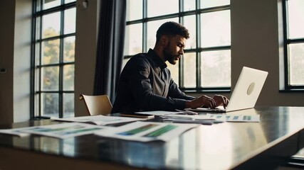 Aufkleber - Young businessman concentrating on his laptop, diligently typing amidst scattered paperwork on a large table in a sunlit, contemporary office space