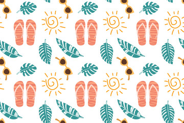 Seamless Vacation pattern. Palm leaves, sun, sunglasses, flip-flops seamless pattern on white background Hand drawn vector Summer pattern For textile, fabric, wrapping paper, wallpaper.
