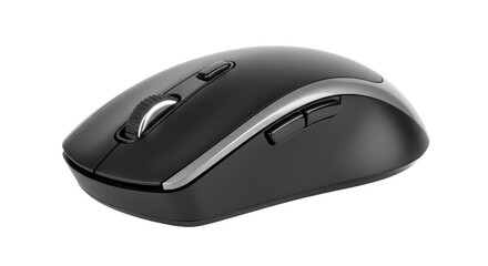 a close up shot of a sleek black computer mouse with silver trim on a black background surface view
