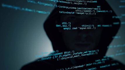 Professional programmer analyzing source code with data overlay, representing complex cybersecurity work within digital technology environment