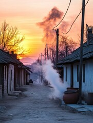Wall Mural - serene sunset over a quiet village street with steam rising and silhouettes of trees