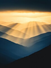 Wall Mural - serene mountain landscape at sunset with rays of light illuminating distant peaks and valleys