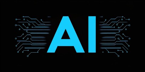 Wall Mural - blue glowing ai letters with circuit lines on a black background