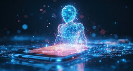 Wall Mural - futuristic ai hologram emerging from a tablet screen in digital environment