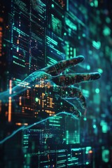Wall Mural - futuristic hand interacting with glowing digital interface in a cyber environment