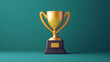© Trippple - Shiny Golden Award Trophy on Teal Background Symbolizing Success and Victory in a Three Dimensional Rendered Scene of Recognition