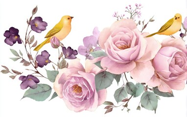 Wall Mural - Watercolor painting of flowers and birds.