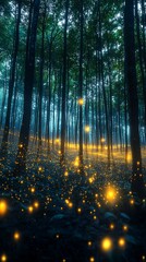Wall Mural - Enchanting forest glowing with bioluminescent light.  Mysterious and serene ambiance.  Flickering lights illuminating the dense trees