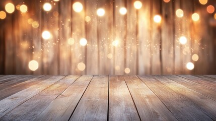 Wall Mural - glowing bokeh lights on brown wooden background for celebrations