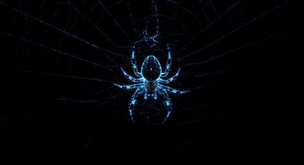 Spider in Web Glowing with Blue Light Against Black Background