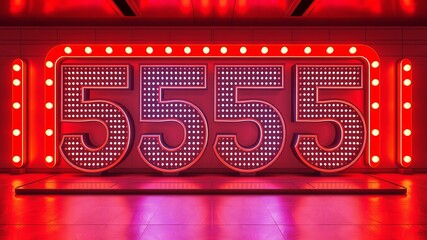 illuminated five number five signs shine brightly on a stage with red neon lights in a dark room.