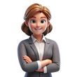 © Pixel Provisions - 3D minimalist young businesswoman character in a professional suit, smiling confidently with arms crossed. Perfect for business, Isolated on transparent background