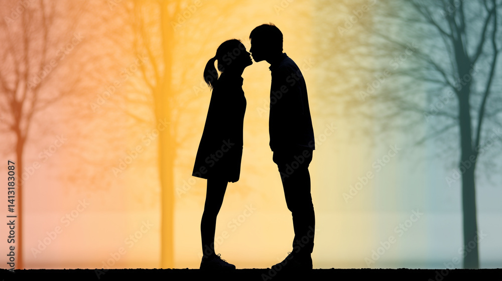 Silhouette of a young couple kissing in front of trees, backlit by a ...