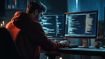 Focused programmer coding on multiple monitors in a dimly lit workspace late at night