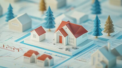 Aerial view of a miniature suburban neighborhood with houses and trees on a blueprint background