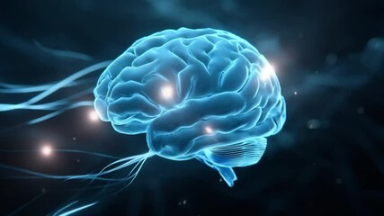 Wall Mural - a blue ai brain with digital stream lines surrounding it, glowing softly on a virtual data backgroun