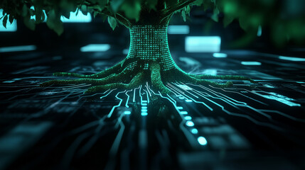 tree roots connect deeply into glowing processor, surrounded by swirling binary code and futuristic 