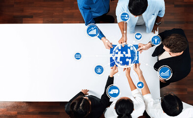 Fototapete - A group of professionals engages in teamwork around a digital interface, analyzing market data and developing strategies through collaboration and communication. Amity