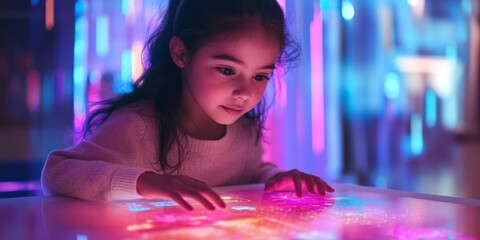 Wall Mural - a young girl explores a colorful interactive display. the vibrant lights capture her attention and s