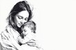 © Sergio Lucci - Mother and child embrace in hand drawn black and white line art illustration