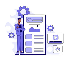 Businessman standing beside a large digital user interface screen with gear icons, media and profile elements, minimal flat style on white background. Concept of UI design. Vector illustration