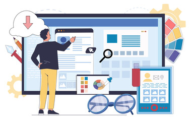 man interacting with large screen full of ui elements, flat graphic style, white background. concept